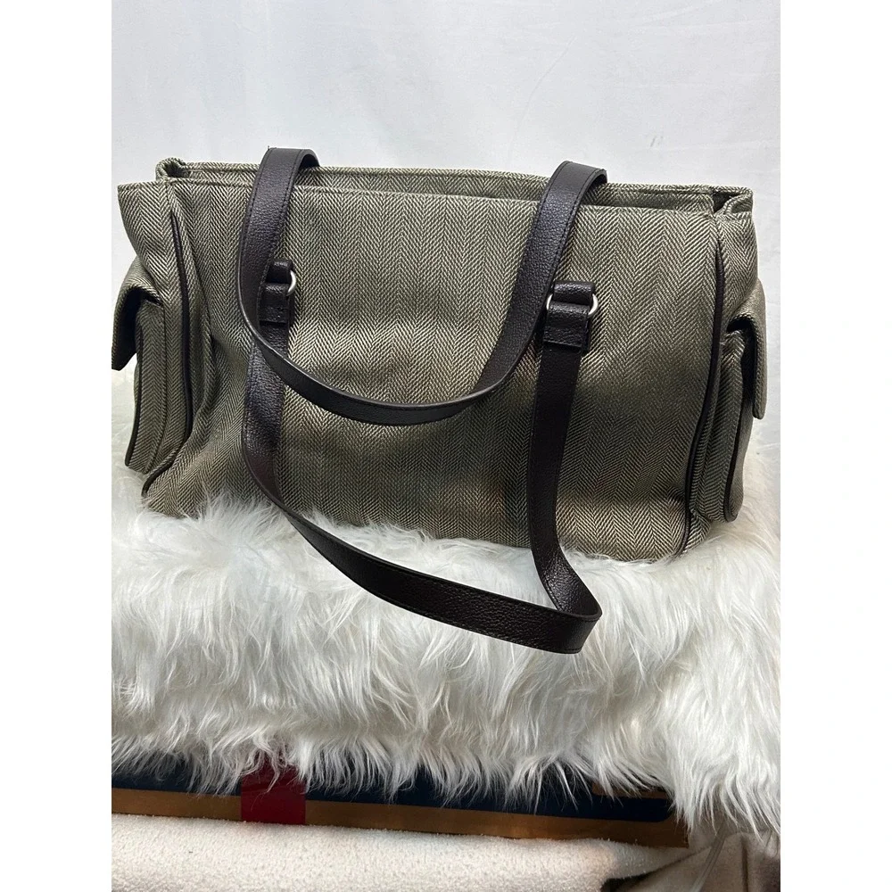 Herringbone Travel Tote Bag and Matching Cosmetic Case Set Brown Tan New